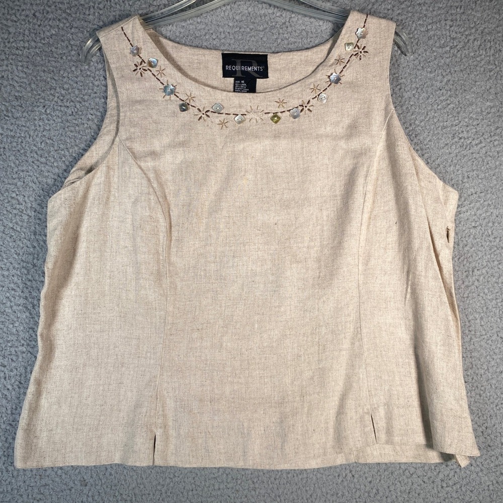 Requirements Linen Blend Tank Top Sz 16 Embellished Neckline Sleeveless Beige